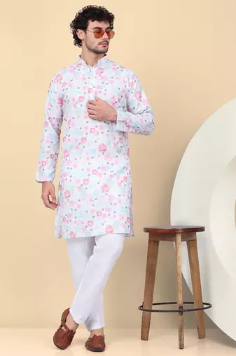 Men linen cream floral printed kurta