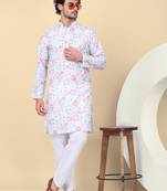 Men linen cream floral printed kurta