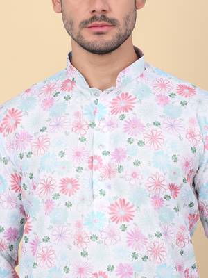Men linen cream floral printed kurta 2