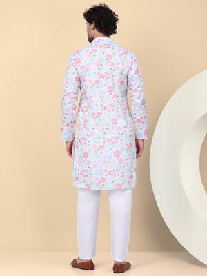 Men linen cream floral printed kurta 3
