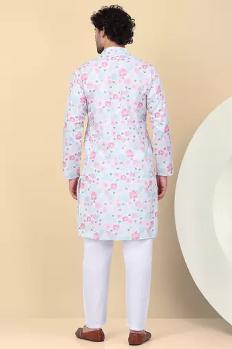 Men linen cream floral printed kurta