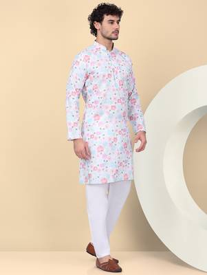 Men linen cream floral printed kurta 5