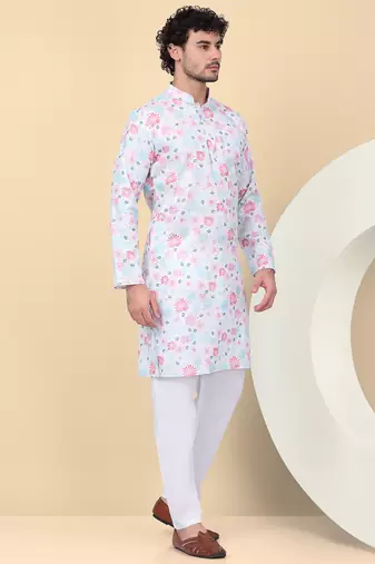 Men linen cream floral printed kurta