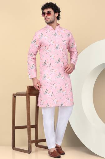 Men linen pink floral printed kurta