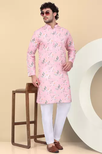 Men linen pink floral printed kurta