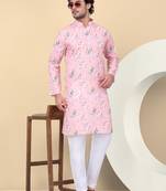 Men linen pink floral printed kurta