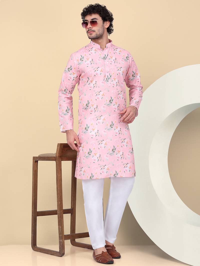 Men linen pink floral printed kurta