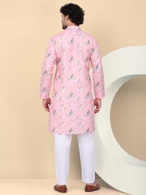 Men linen pink floral printed kurta 3