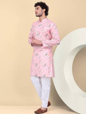 Men linen pink floral printed kurta 5