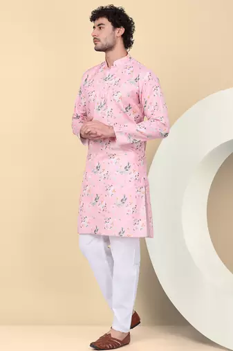 Men linen pink floral printed kurta