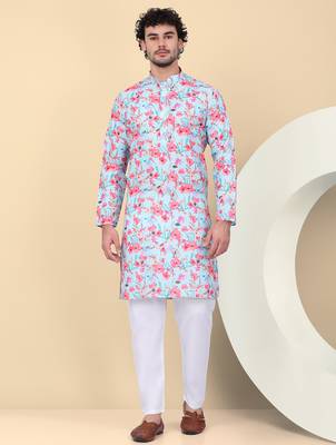 Men linen sky blue floral printed kurta 1