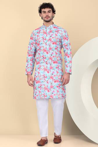 Men linen sky blue floral printed kurta
