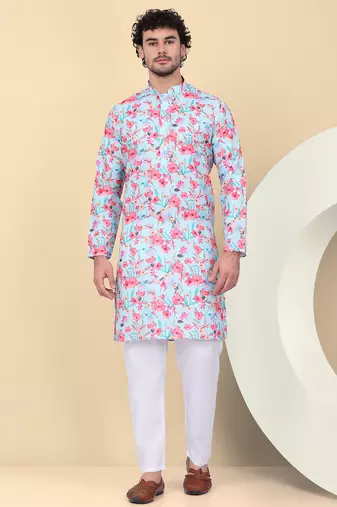 Men linen sky blue floral printed kurta