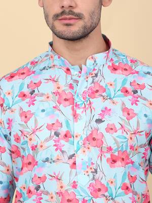 Men linen sky blue floral printed kurta 2