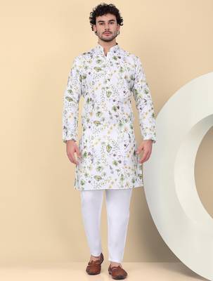 Men linen white floral printed kurta 1
