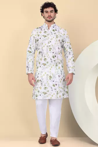Men linen white floral printed kurta