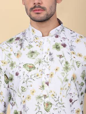 Men linen white floral printed kurta 2