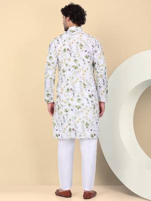 Men linen white floral printed kurta 3