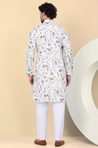 Men linen white floral printed kurta