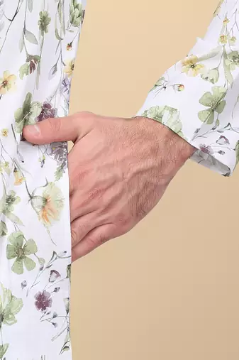 Men linen white floral printed kurta