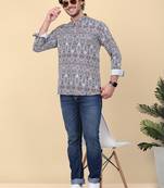 Men cotton blue ethnic motifs short kurta