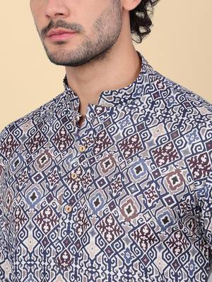 Men cotton blue ethnic motifs short kurta 2