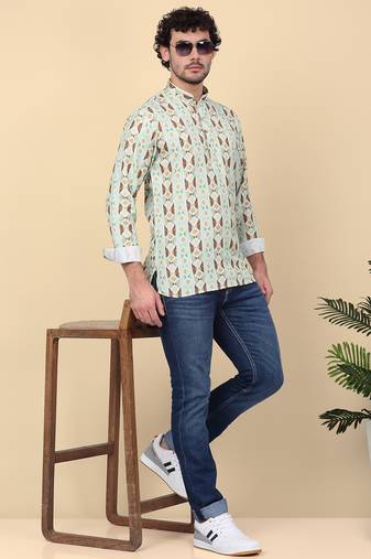 Men cotton green geometric printed short kurta