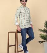 Men cotton green geometric printed short kurta