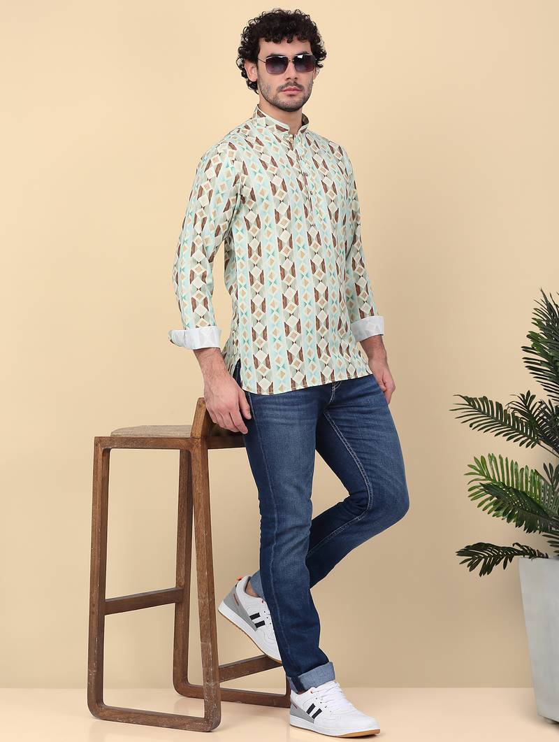 Men cotton green geometric printed short kurta