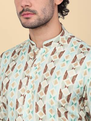 Men cotton green geometric printed short kurta 2