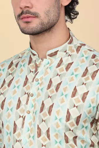 Men cotton green geometric printed short kurta