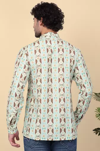Men cotton green geometric printed short kurta