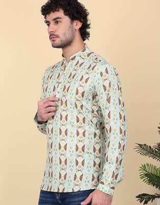 Men cotton green geometric printed short kurta 5
