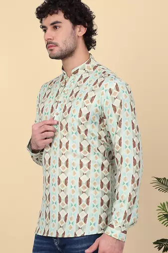 Men cotton green geometric printed short kurta