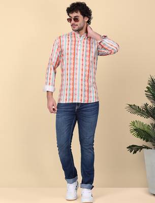 Men cotton orange ethnic motifs short kurta 1