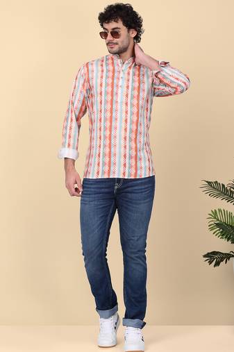 Men cotton orange ethnic motifs short kurta
