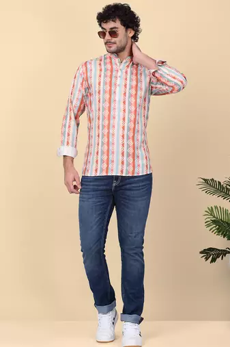 Men cotton orange ethnic motifs short kurta