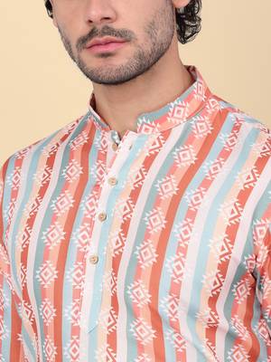 Men cotton orange ethnic motifs short kurta 2