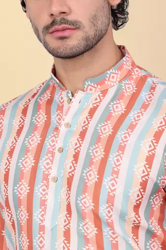Men cotton orange ethnic motifs short kurta