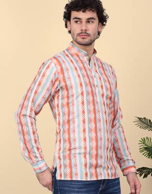 Men cotton orange ethnic motifs short kurta 4