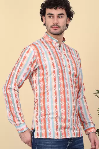 Men cotton orange ethnic motifs short kurta