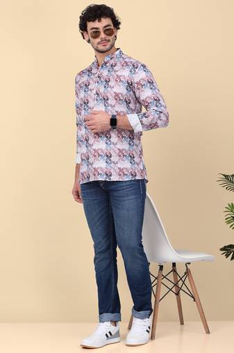 Men cotton purple floral printed short kurta