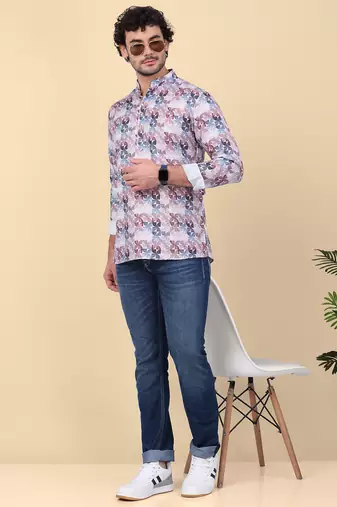Men cotton purple floral printed short kurta