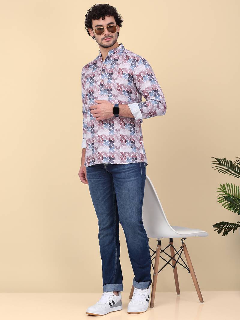Men cotton purple floral printed short kurta