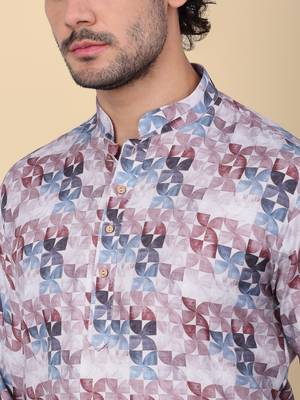 Men cotton purple floral printed short kurta 2