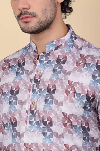 Men cotton purple floral printed short kurta