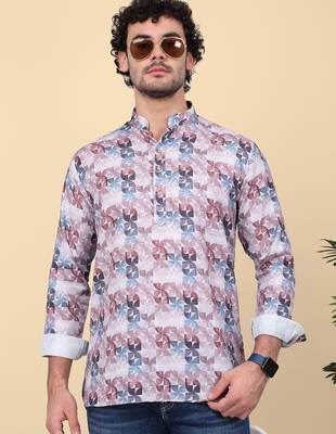 Men cotton purple floral printed short kurta 4