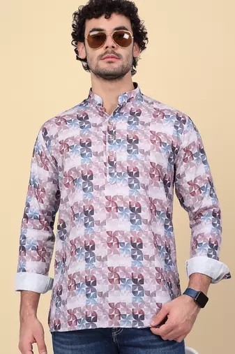 Men cotton purple floral printed short kurta