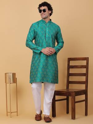 Men green silk blend jacquard kurta 1