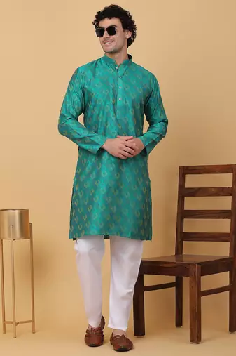 Men green silk blend jacquard kurta